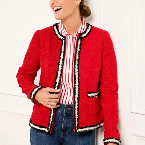 Talbots Plus  Fringe Stripe Tweed Jacket Blazer Red Black White 20W 2X - Picture 1 of 15